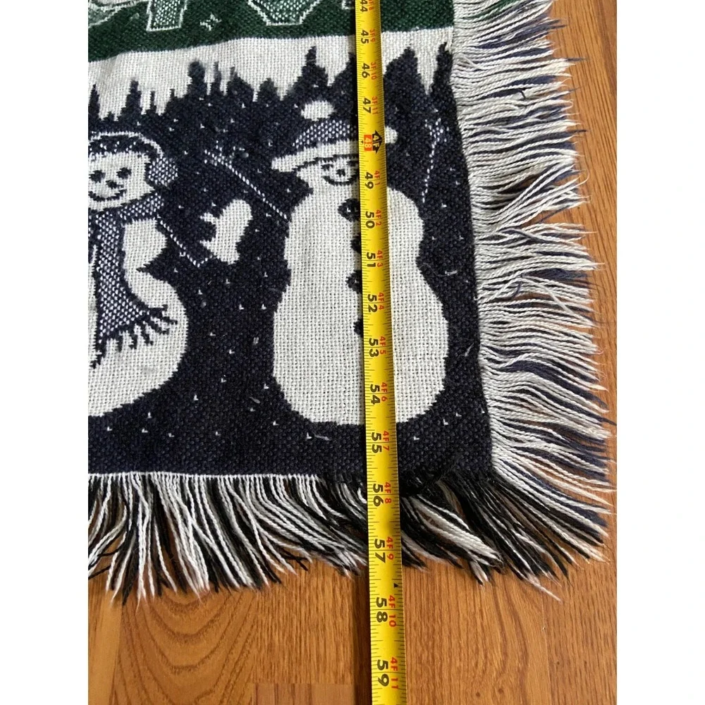 Woven Christmas Throw Blanket Snowman Tree Pattern Blue Green Fringe Winter Holi